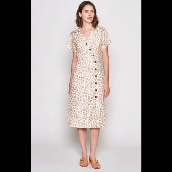 Joie Coady 100% Linen leopard print tan white button midi dress womens XS - Picture 2 of 7